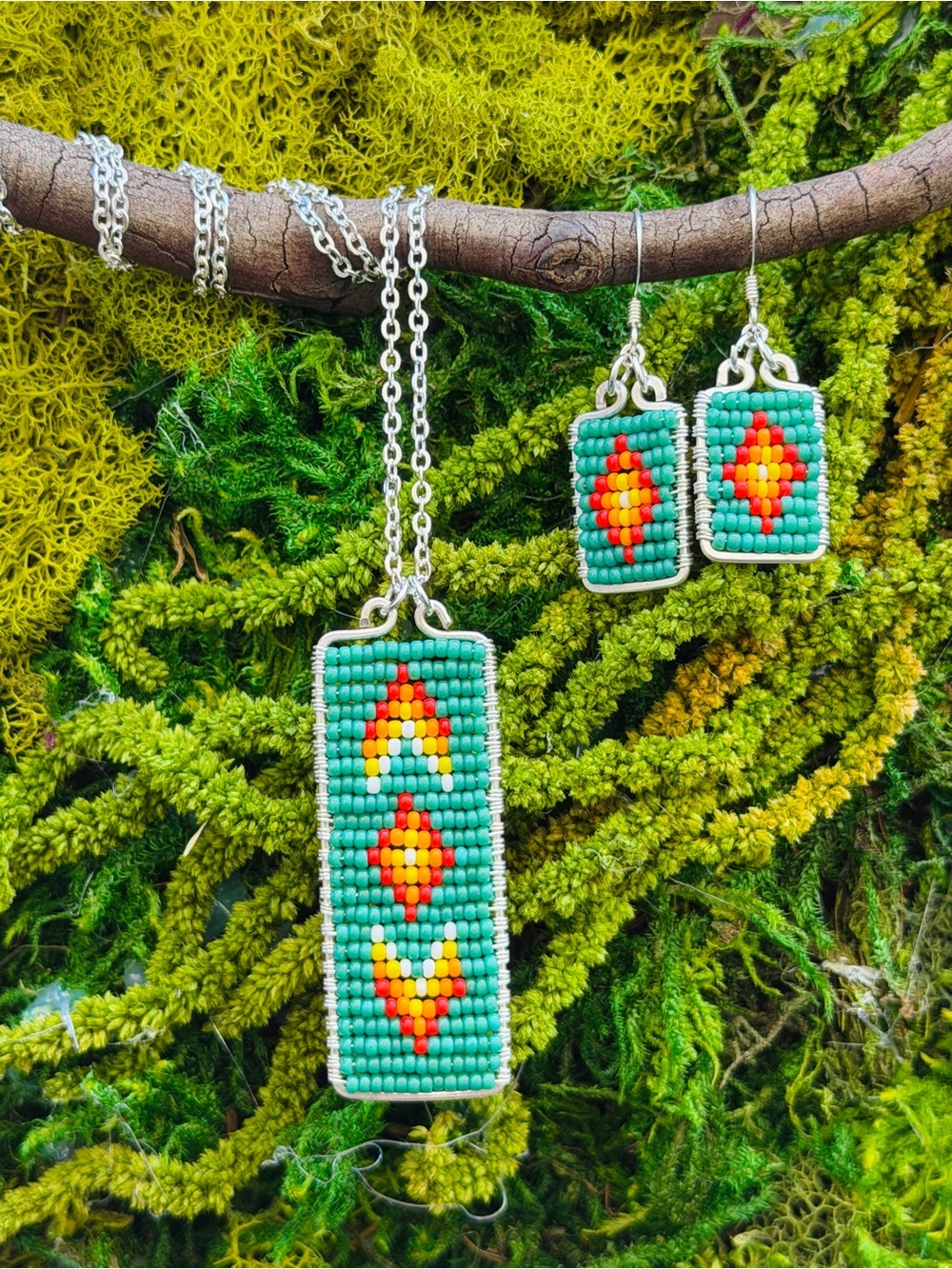 Beaded Necklace & Earring Set - Green w/ Plated Silver Handmade